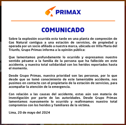 Comunicado de Primax, previo al deslinde de responsabilidades, y ni atención llevó a las personas damnificadas. Puro escrito para su imagen.