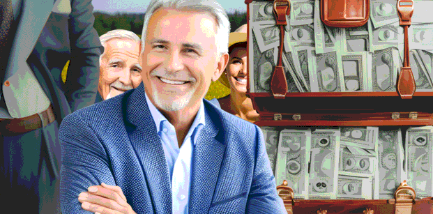 Imagen de un señor de 3era edad sonriendo con mucho dinero